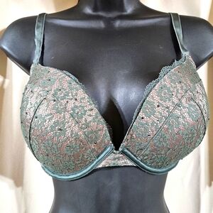 Victoria's Secret Dream Angels Push Up 34DDD‎ Green Rose Gold Rhinestone Bra